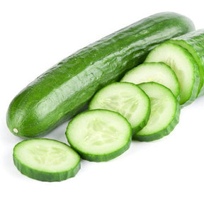 Fresh green cucumber from SeedsNow Ashley seeds, showing smooth skin and elongated shape on a white background.