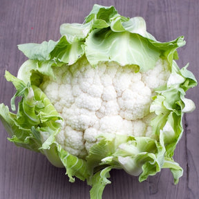 Fresh cauliflower from SeedsNow, showing a head of white cauliflower with green leaves on a white background.