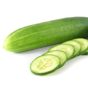 Everbearing cucumber seeds from SeedsNow in a packet, with a close-up of fresh green cucumbers and seed packaging.