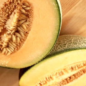 Cantaloupe melon Heart of Gold seeds from SeedsNow, showing close-up of orange melon seeds on a white background.