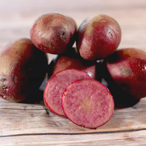 Late-season Terra Rosa fingerling potato seed from SeedsNow-Potatoes, showing small, elongated reddish-brown potatoes with smooth skin.